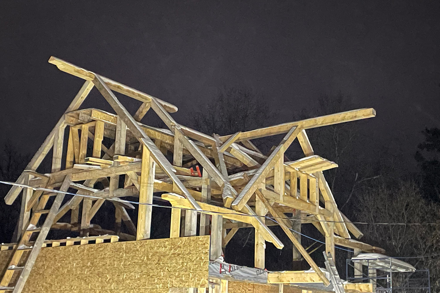 House framing and trusses at night